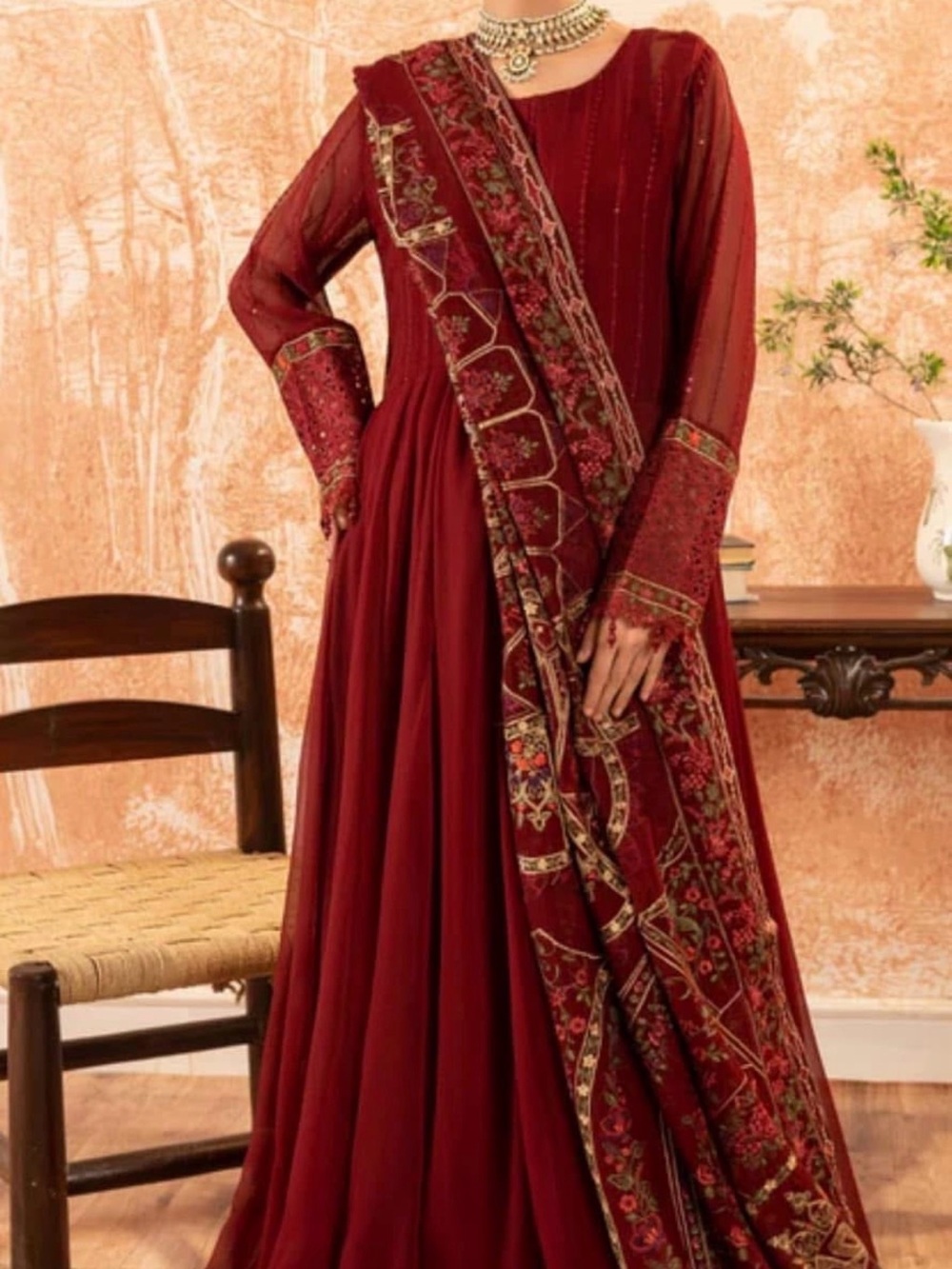 Elegant Maroon Embroidered Women's maxi Dress